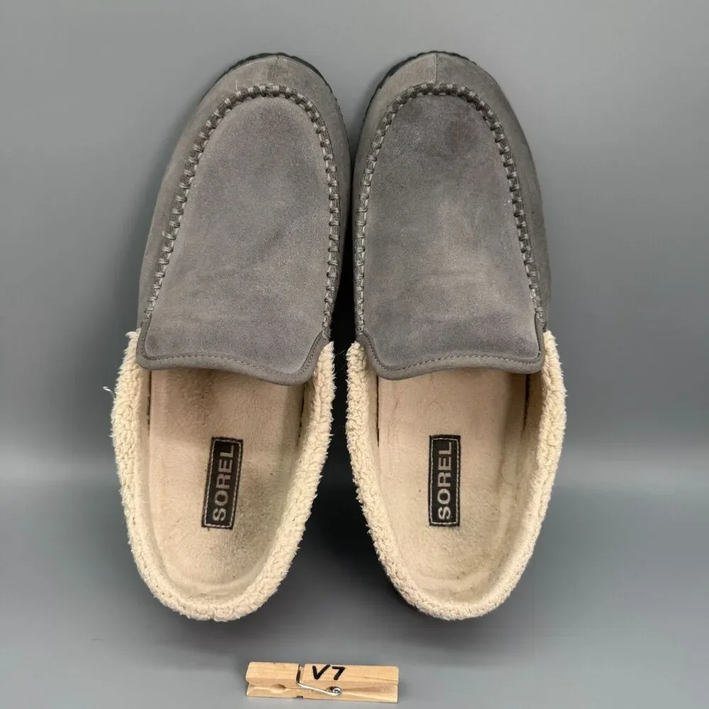 Sorel Dude Moc Men's 11.5 Gray Suede Faux Fur Lined Casual Moccasin Slipper